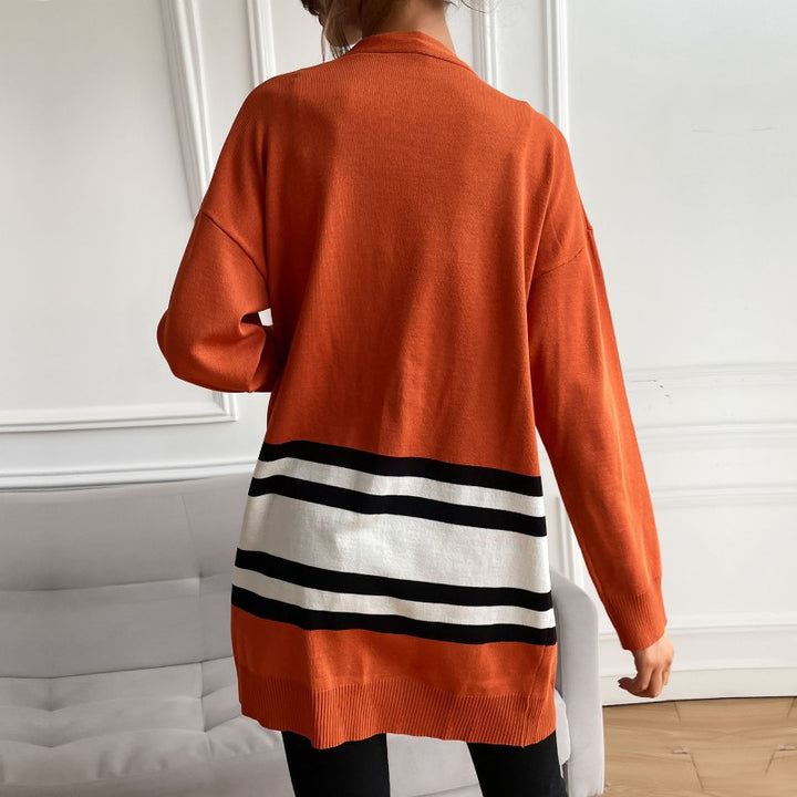 Damen Longline-Cardigan mit Kontraststreifen, aufgesetzten Taschen & Rippbündchen Drune