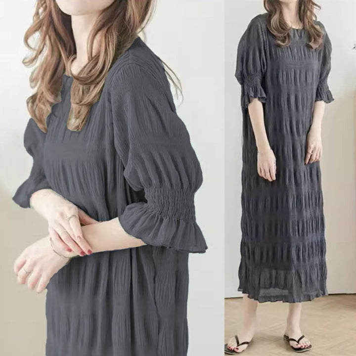 Damen Freizeitliches Maxikleid mit elastischen Puffärmeln und raffiniertem Strukturdesign Drune