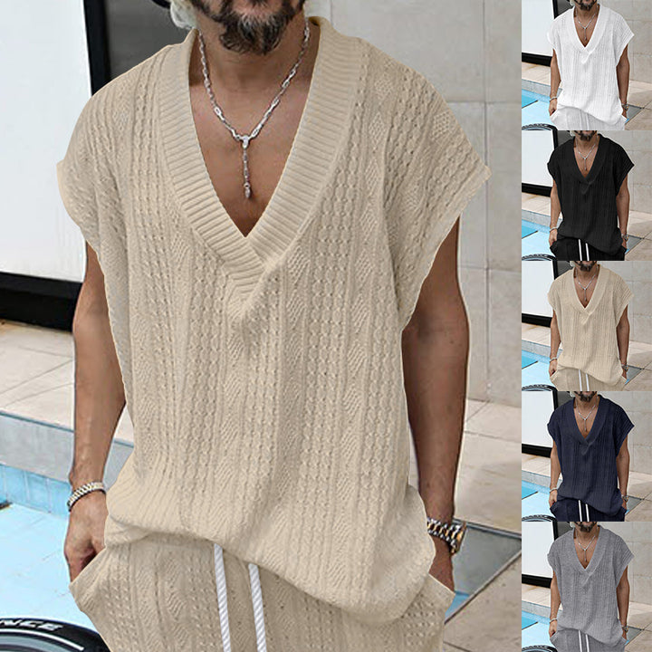 Herren nan kastiges Stricktop aus grobem Strick mit tiefem V-Ausschnitt und Strukturmuster Drune