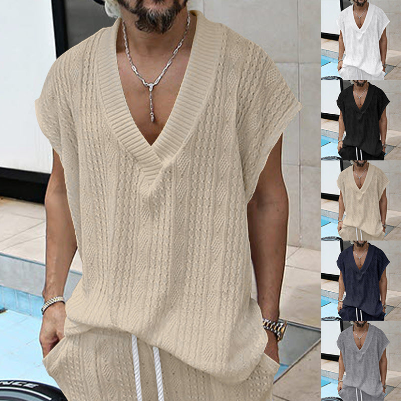 Herren lässiges Strick-T-Shirt mit V-Ausschnitt und oversized Schnitt Drune