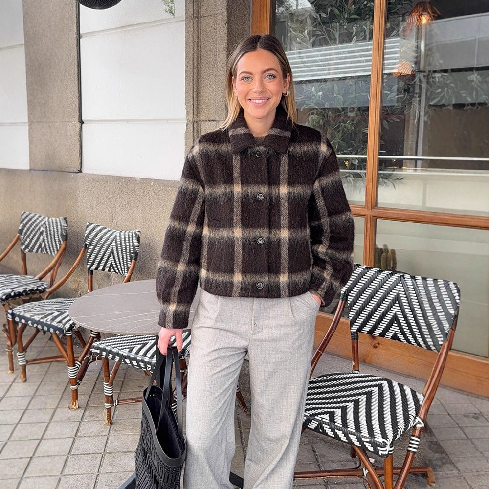 Damen Kurze karierte Bouclé‑Jacke mit kastiger Silhouette und Knopfleiste Drune