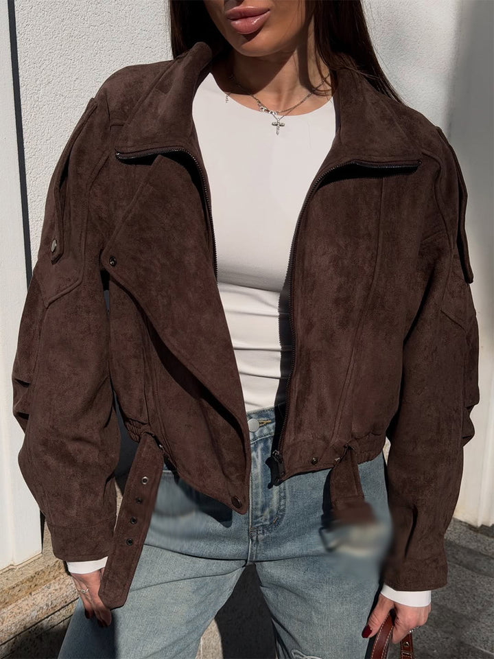 Damen Kurz geschnittene Wildleder-Bomberjacke mit Gürtel & Oversize-Ärmeln Drune