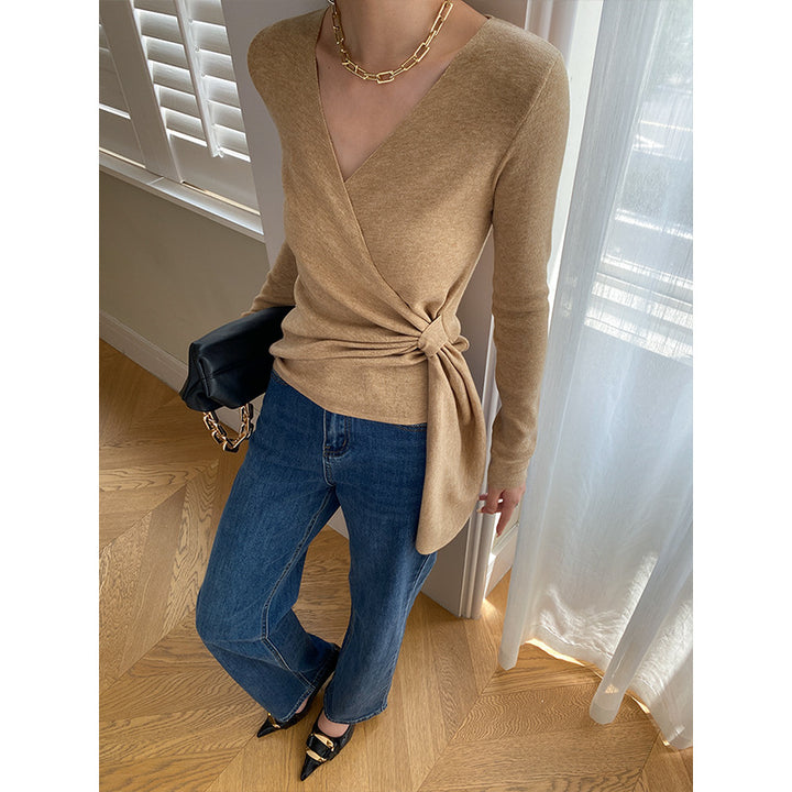 Damen Wickelpullover aus weichem Strick mit V-Ausschnitt und dekorativem Bindeband Drune