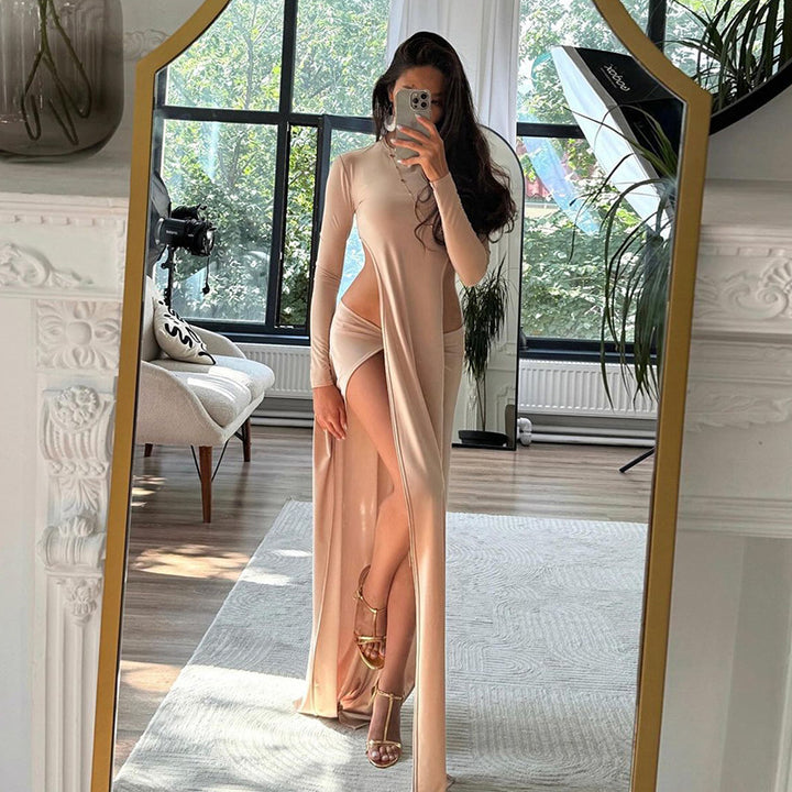 Damen Elegantes Maxikleid mit raffinierten Seitenschlitzen und langen Ärmeln Drune