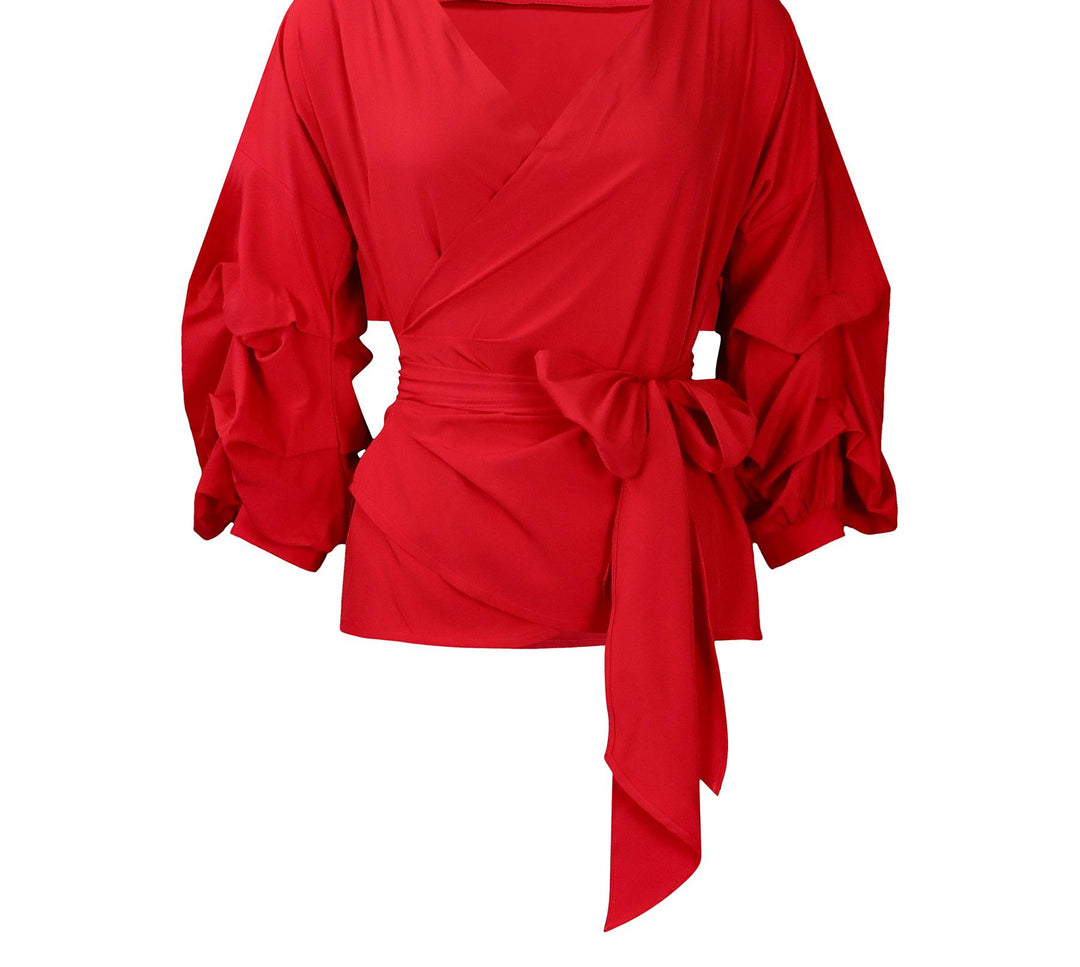 Damen Wickelbluse mit voluminösen Ärmeln und eleganter Schleifenbindung Drune