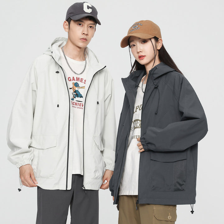 Damen Oversize Windbreaker Jacke mit Kapuze und Cargotaschen Drune