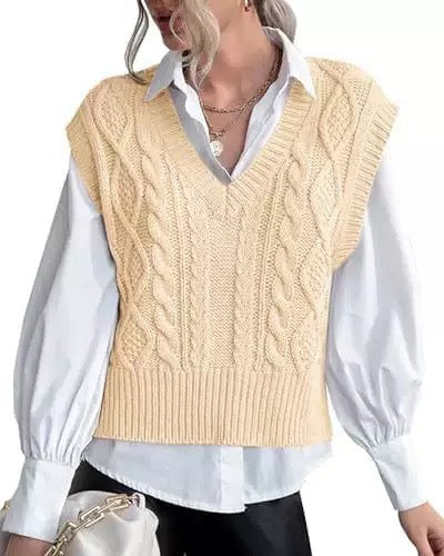 Damen Strickpullover im Vintage-Look mit V-Ausschnitt und Zopfmuster Drune