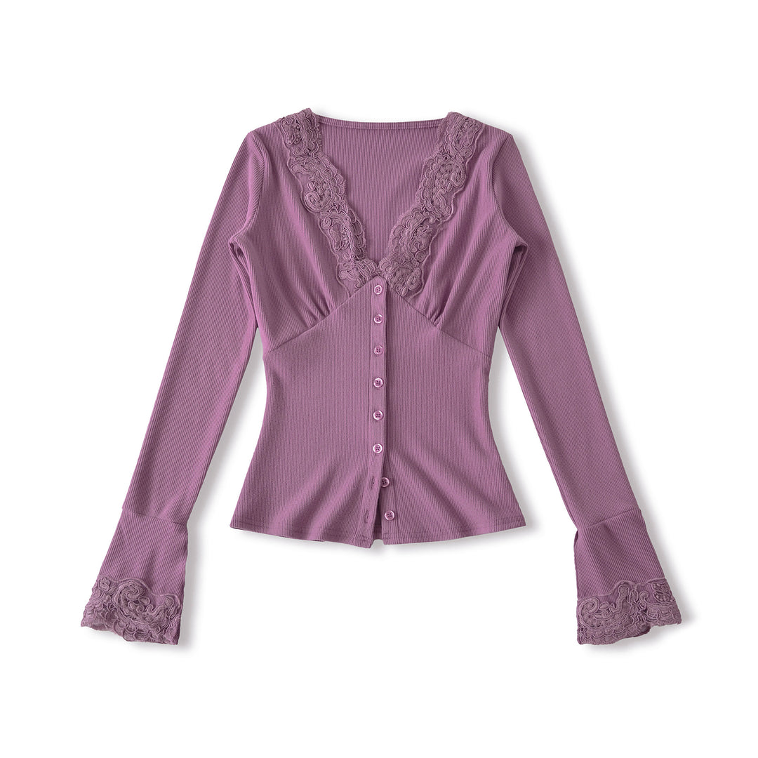 Damen Langarmshirt mit femininem Spitzenkragen und Knopfdetail Drune