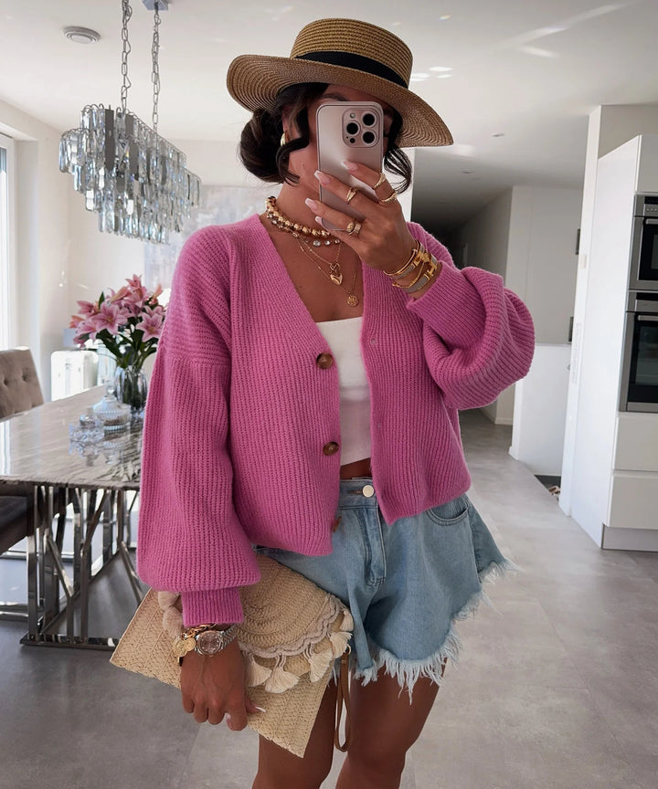 Damen kuschelige Strickjacke mit großen Knöpfen und lockeren Ärmeln Drune