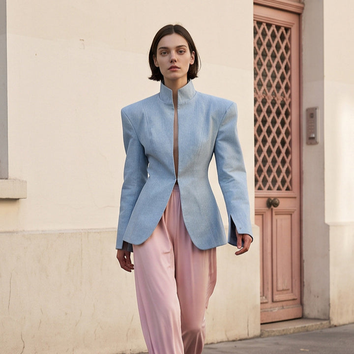 Damen taillierter Stehkragen-Blazer mit verdecktem Hakenverschluss und geschwungenem Saum Drune