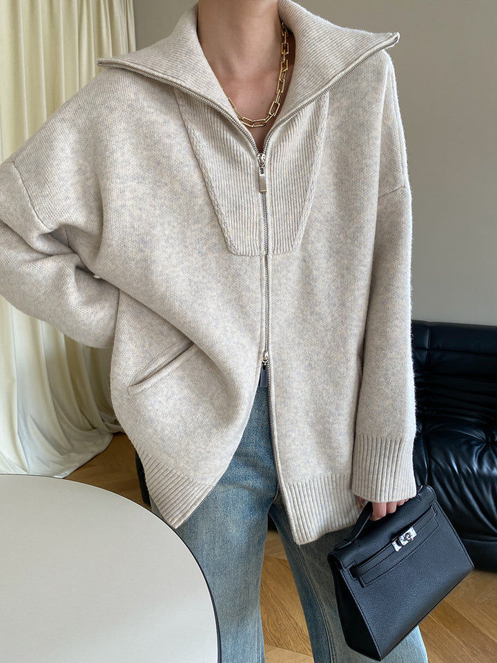 Damen lässige Zip-Up Strickjacke mit hohem Kragen und seitlichen Taschen Drune