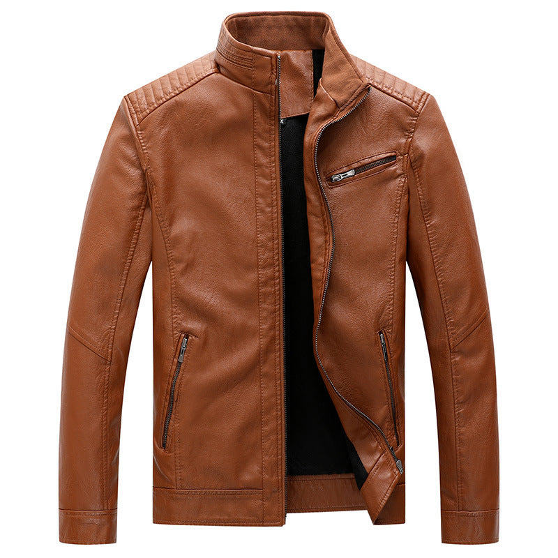 Herren Slim-Fit Lederoptik-Motojacke mit Stehkragen und Reißverschlusstaschen Drune