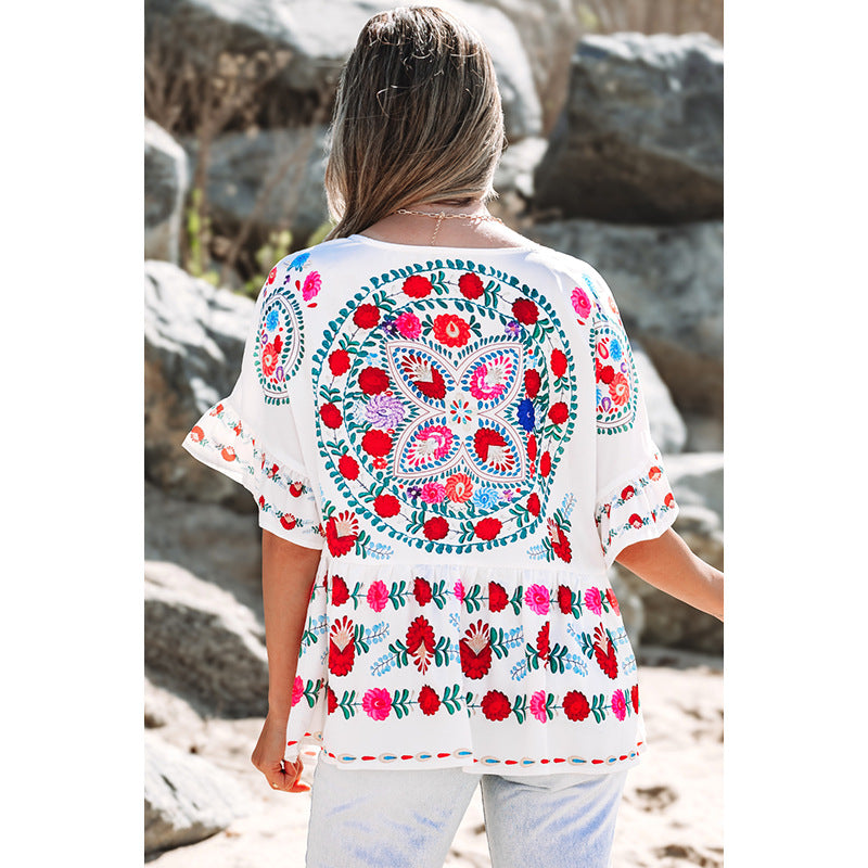 Damen besticktes Blusentop mit voluminösen Ärmeln und floralen Motiven Drune
