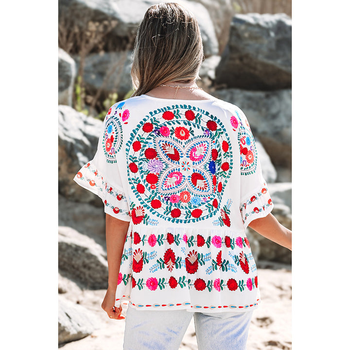 Damen besticktes Blusentop mit voluminösen Ärmeln und floralen Motiven Drune