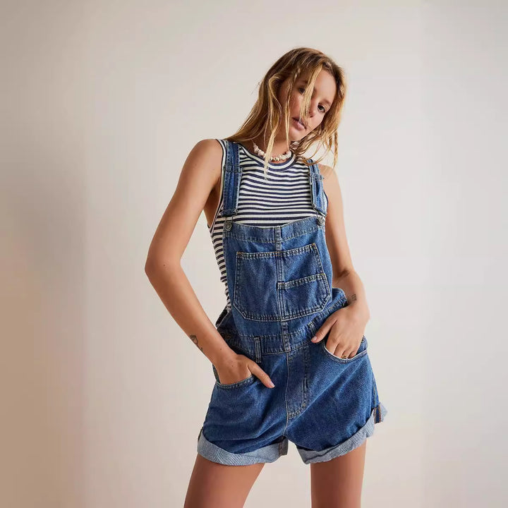 Damen Lässige Denim-Latzshorts mit funktionalen Taschen und verstellbaren Trägern Drune