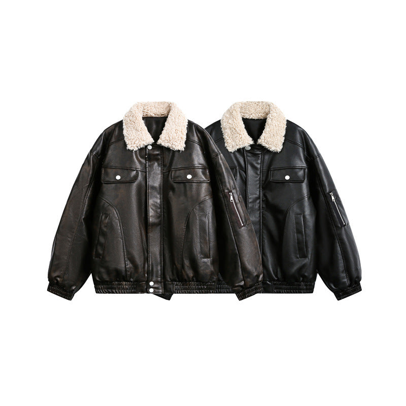 Herren Aviator-inspirierte Kunstleder‑Blousonjacke mit Teddy‑Umlegekragen und Ärmel‑Utilitytasche Drune