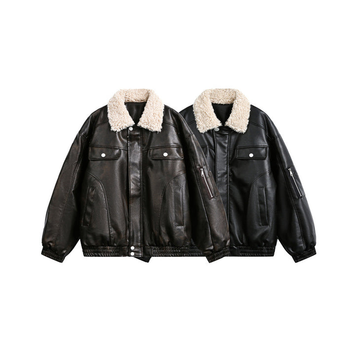 Herren Aviator-inspirierte Kunstleder‑Blousonjacke mit Teddy‑Umlegekragen und Ärmel‑Utilitytasche Drune