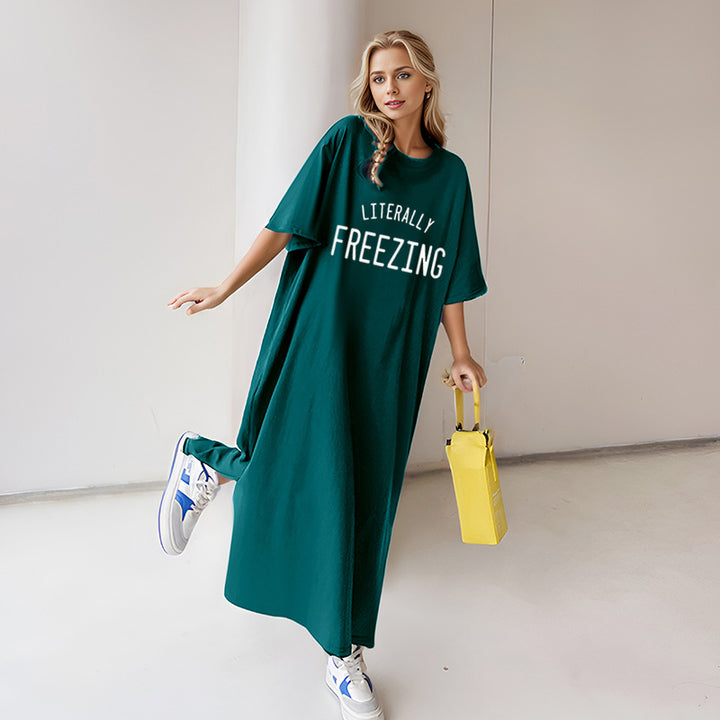 Damen nan lässiges Oversize Maxi-T-Shirt-Kleid mit Rundhals und Statement-Print Drune