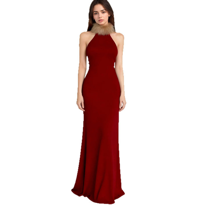 Damen Elegantes Maxikleid mit luxuriösem Kunstpelzkragen Drune