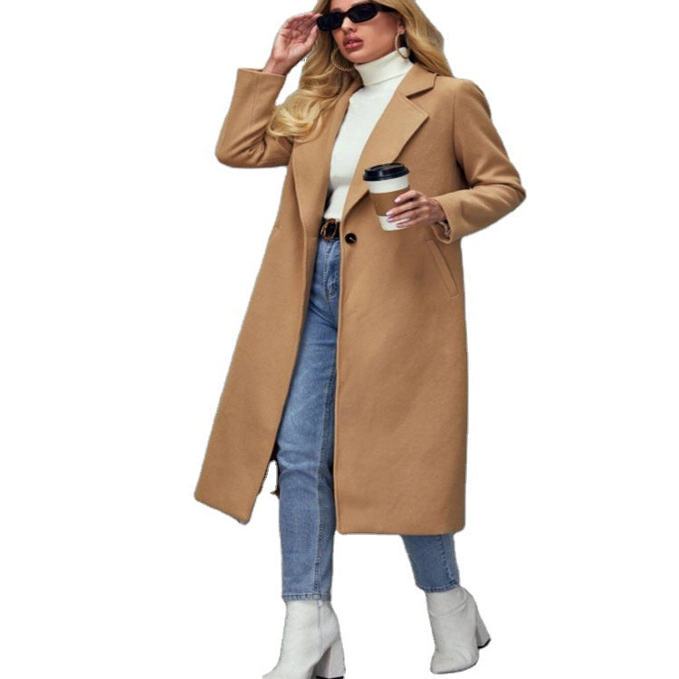 Damen Maxilanger Wollmix-Classiccoat mit minimalistischer Taillierung und verdeckter Knopfleiste Drune