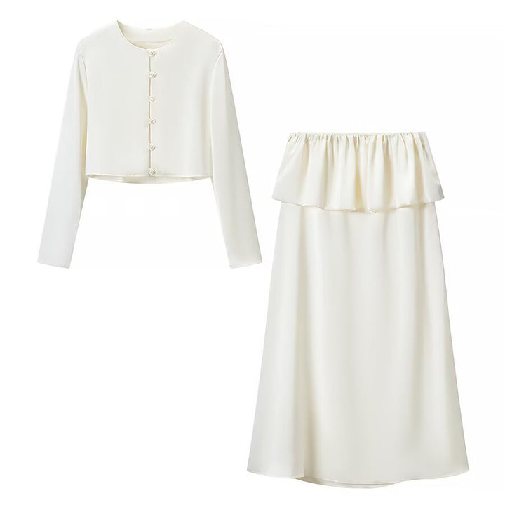 Damen Zweiteiliges Satinensemble mit Bolerojacke und Midirock Drune
