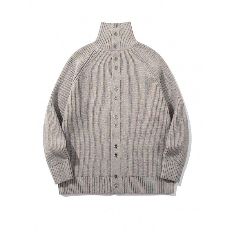 Herren grobgestrickter Knopfcardigan mit hohem Rollkragen und Raglanärmeln Drune