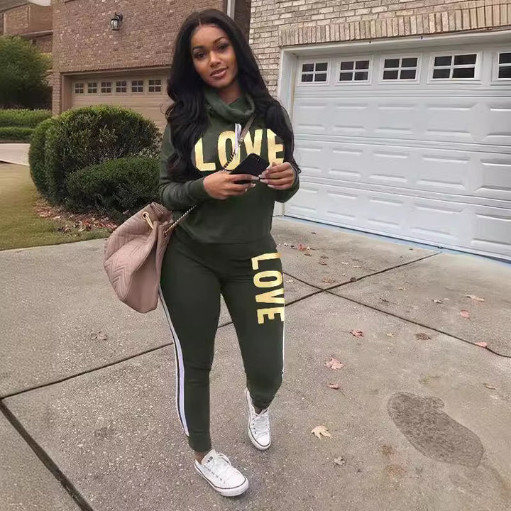 Damen nan sportives Kapuzen-Sweatshirt-Set mit Goldprint und Highwaist-Jogginghose Drune