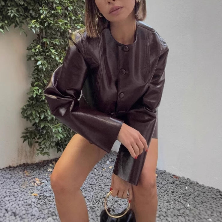 Damen modische Kunstlederjacke im klassischen Stil mit großzügigen Taschen Drune