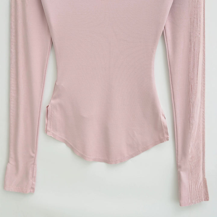 Damen Figurbetontes Rippenstrick-Longsleeve mit tiefem V‑Ausschnitt und Kragenblende Drune