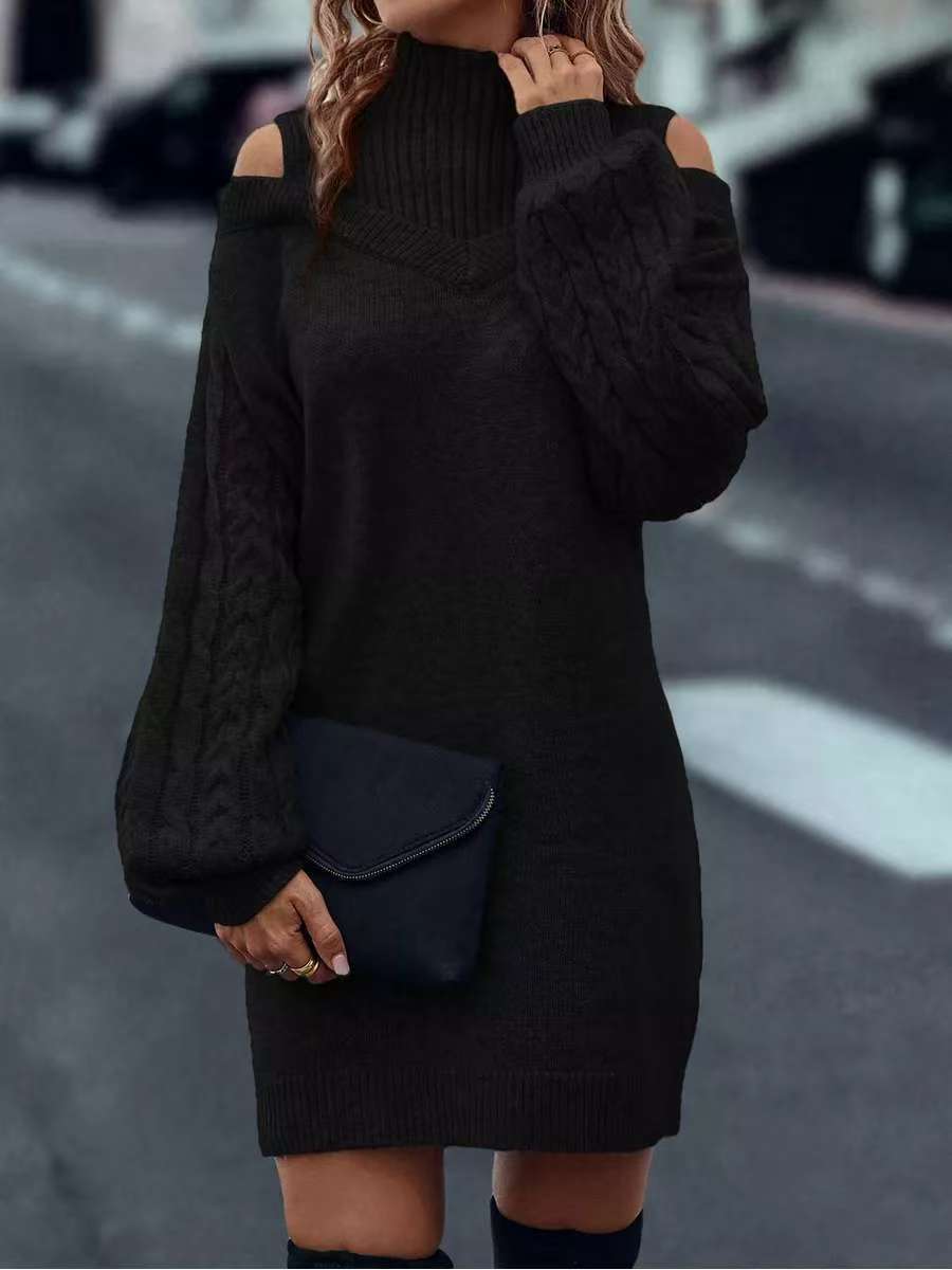 Damen Strickkleid mit hochgeschlossenem Kragen und offener Schulterpartie Drune