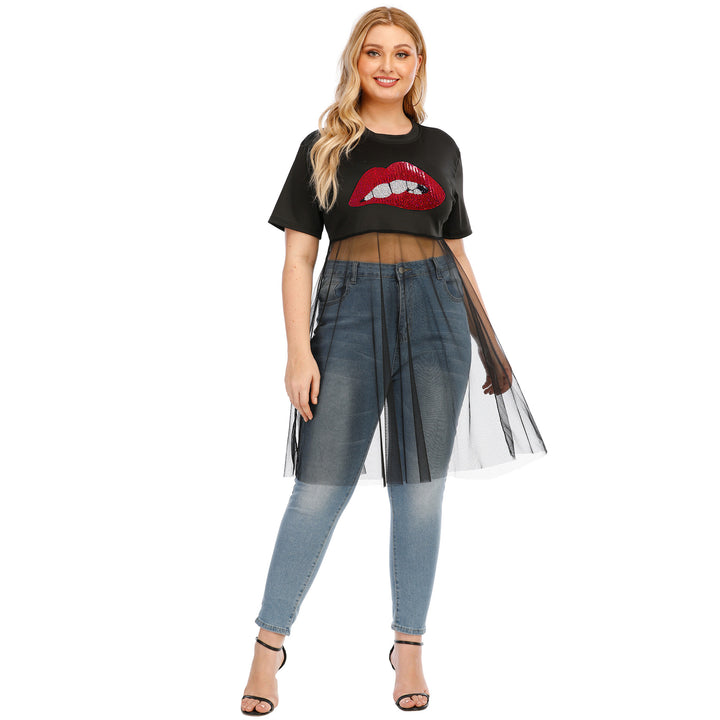 Damen modisches Crop-Top mit transparentem Überwurf und Glitzerbesatz Drune