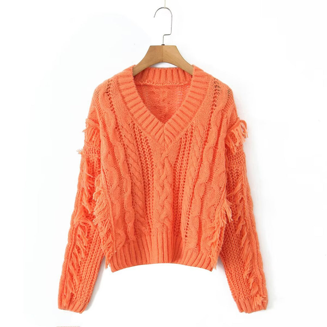 Damen Grobgestrickter V‑Ausschnitt‑Pullover mit Zopfmuster und Fransen Drune