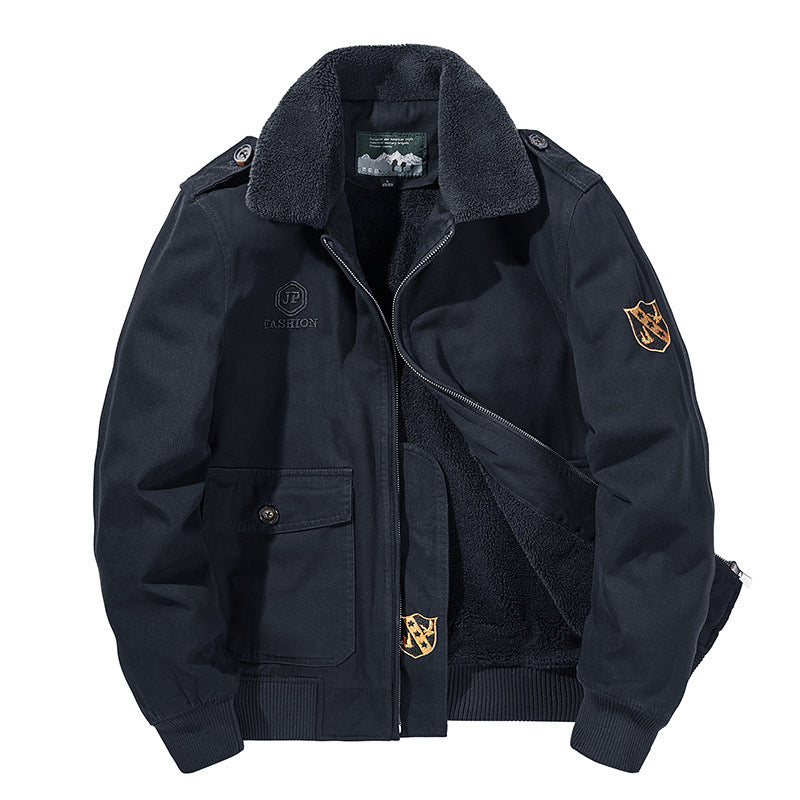 Herren nan gefütterte Pilot-Bomberjacke mit Teddykragen, verdecktem Reißverschluss und funktionalen Klapptaschen Drune