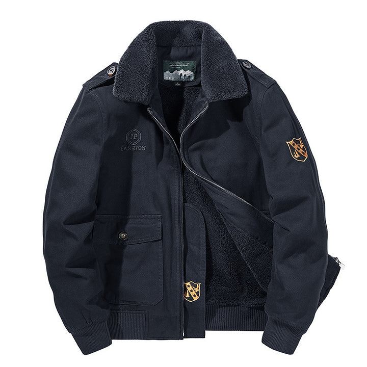 Herren nan gefütterte Pilot-Bomberjacke mit Teddykragen, verdecktem Reißverschluss und funktionalen Klapptaschen Drune