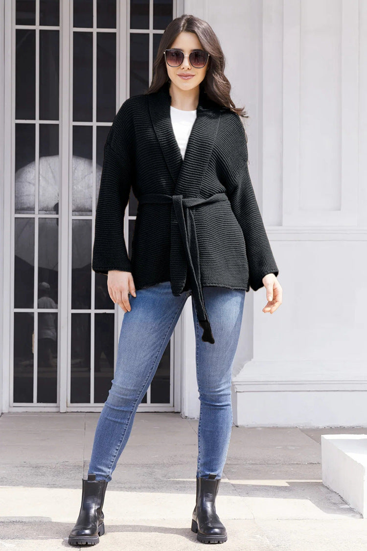 Damen lässiger Strickcardigan mit Taillengürtel und Schulternähten Drune