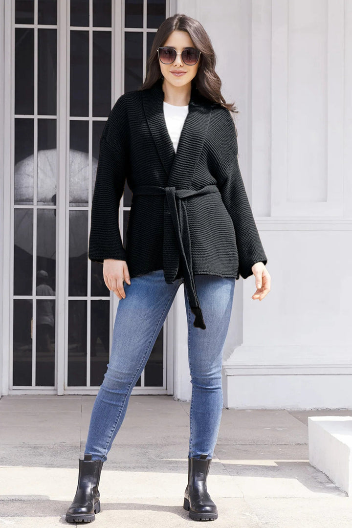 Damen lässiger Strickcardigan mit Taillengürtel und Schulternähten Drune