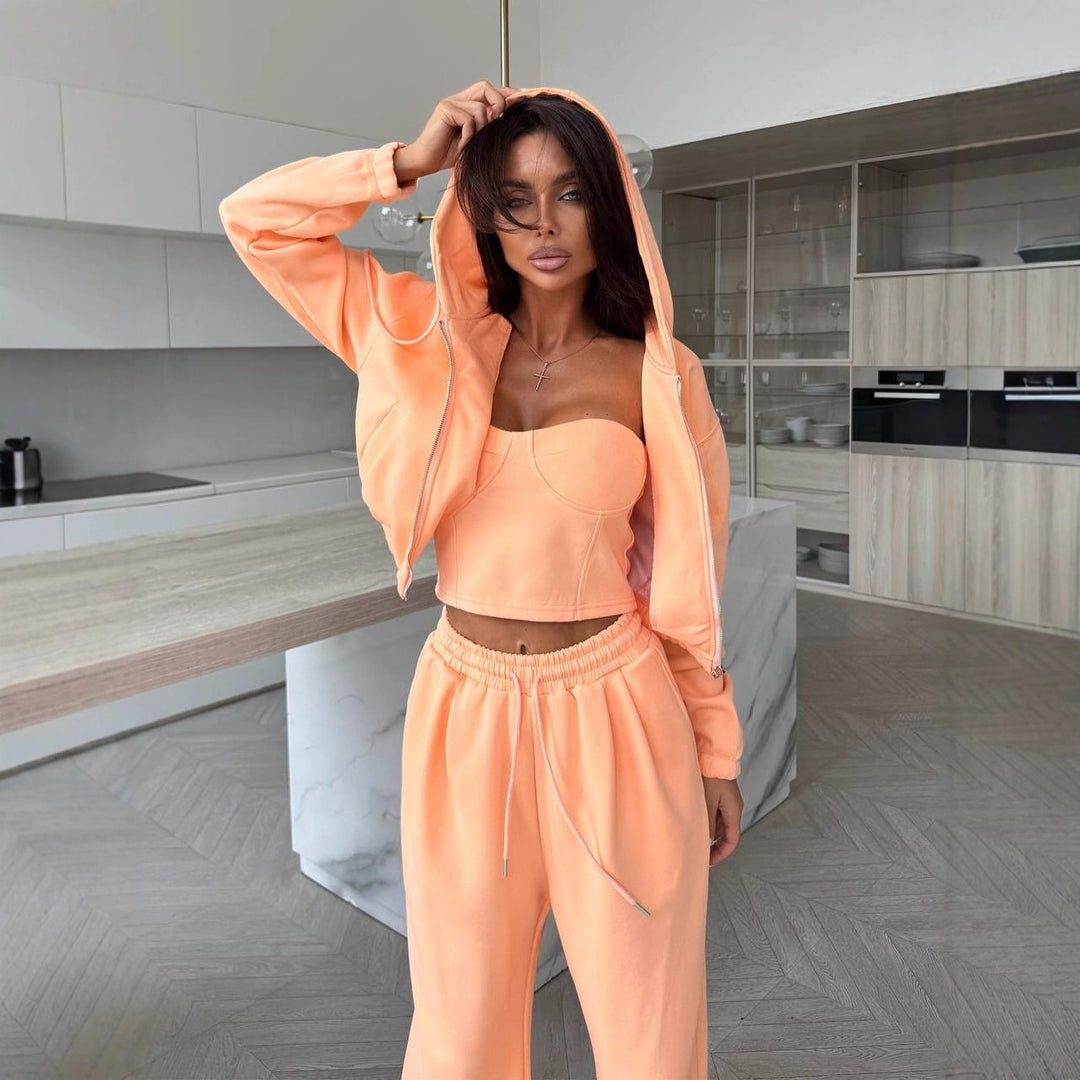 Damen Sculpting-Corsagen-Crop mit Kapuzen-Zipjacke und weiter High-Waist-Jogginghose Drune