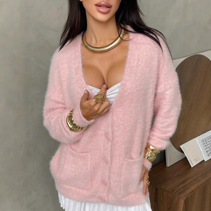 Damen Flauschiger Cardigan mit praktischen Taschen und V-Ausschnitt Drune