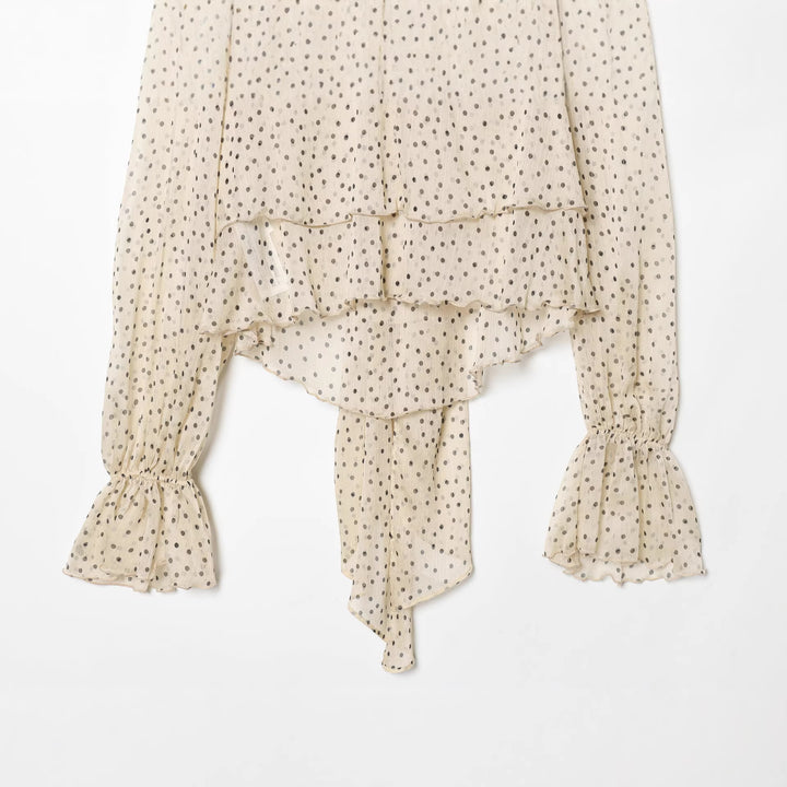 Damen nan semitransparente Chiffonbluse mit Bindeschleife, Volantärmeln und Pünktchenprint Drune