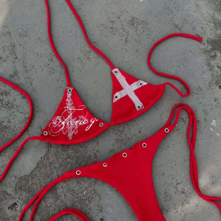 Damen Bunt bedruckter Bikini mit verstellbaren Schnürungen und dekorativen Ösen Drune