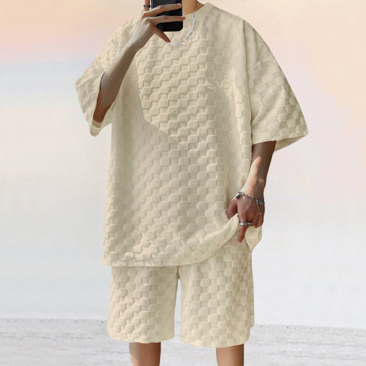 Unisex nan übergroßes Freizeit-Set aus strukturierter Waffelqualität mit Rundhalsausschnitt und locker sitzender Bermudashorts Drune