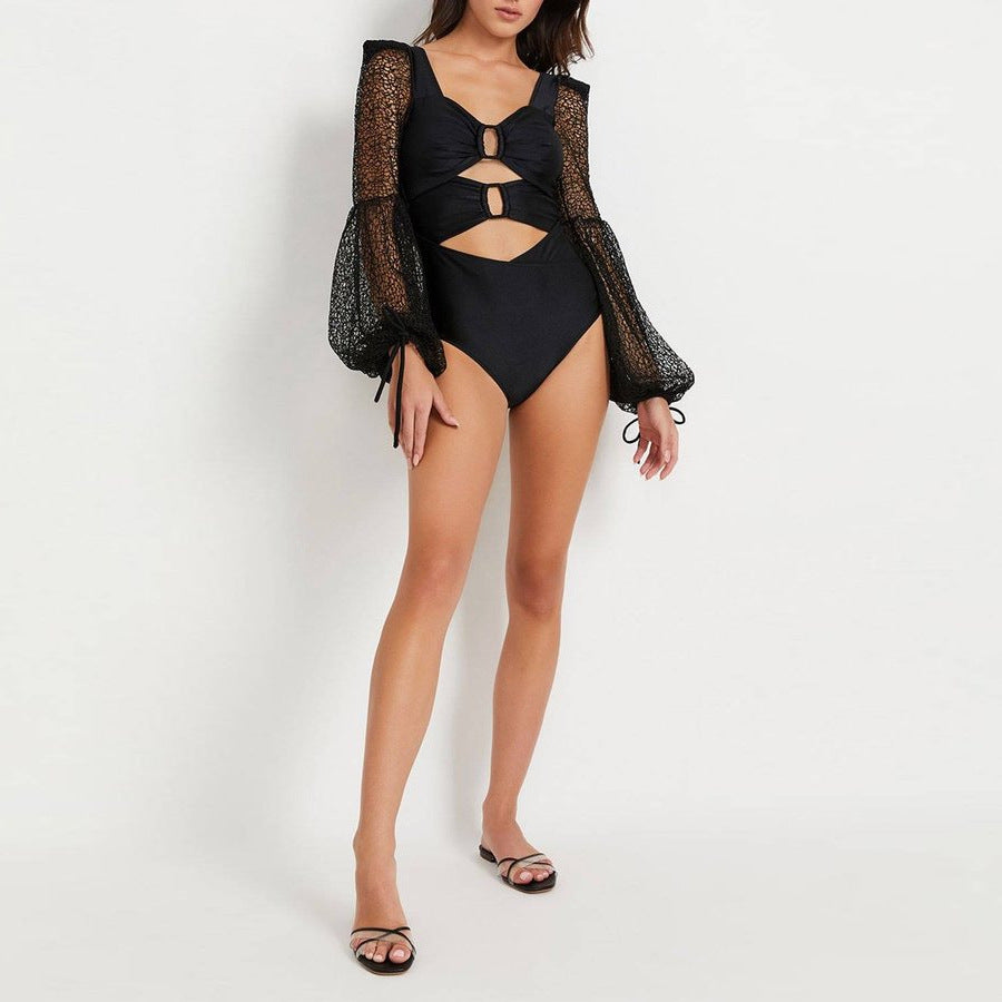 Damen Cut-Out Badeanzug mit langem, transparenter Ärmel Drune