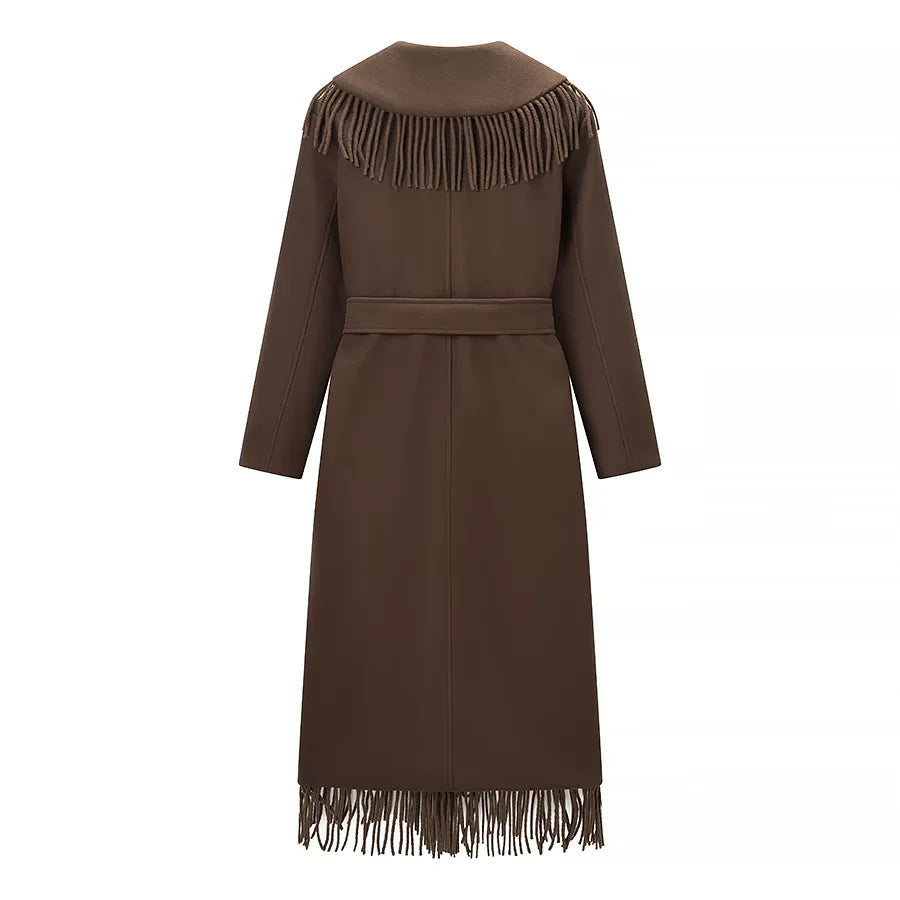 Damen nan langer Fransenmantel mit voluminösem Schalkragen, Taillengürtel und aufgesetzten Taschen Drune