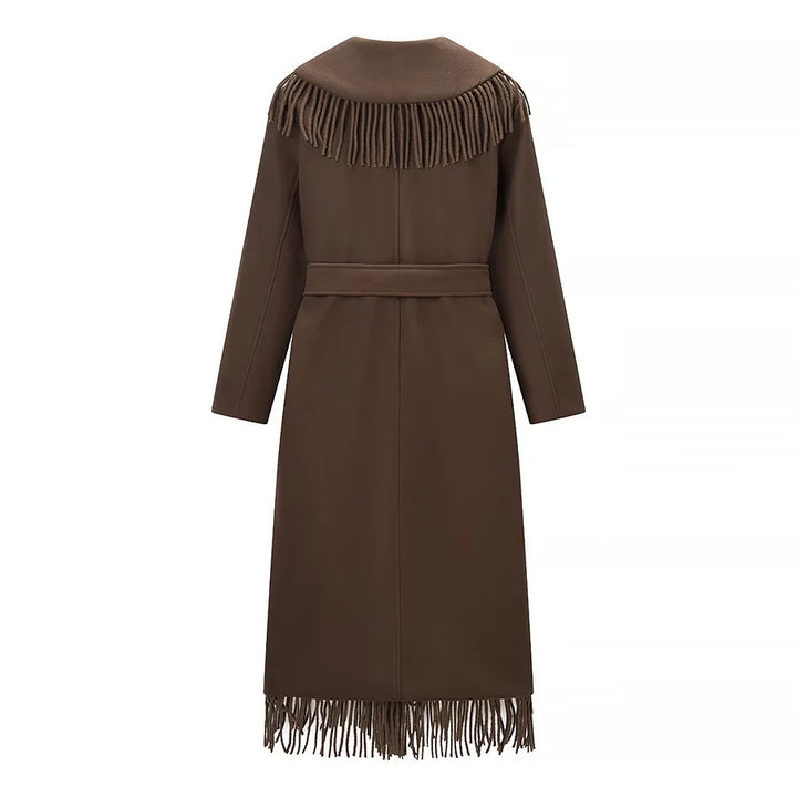 Damen nan langer Fransenmantel mit voluminösem Schalkragen, Taillengürtel und aufgesetzten Taschen Drune