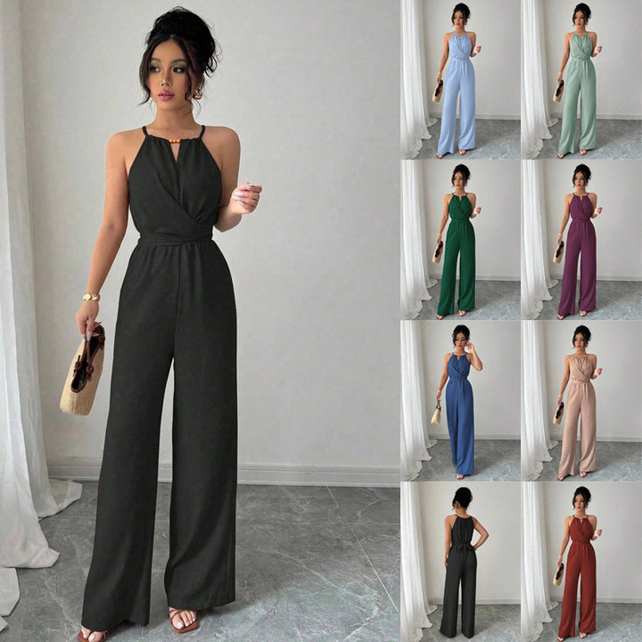 Damen Ärmelloser Neckholder-Jumpsuit mit Wickeloberteil und weitem Bein Drune