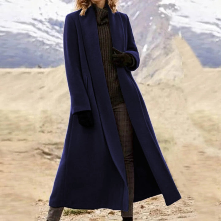 Damen eleganter langer Wollmix-Mantel mit offenem Fall und seitlichen Eingrifftaschen Drune