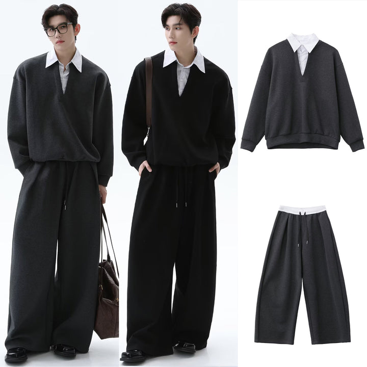 Herren Lässiger Oversized Pullover mit V-Ausschnitt und weiten Hosen Drune