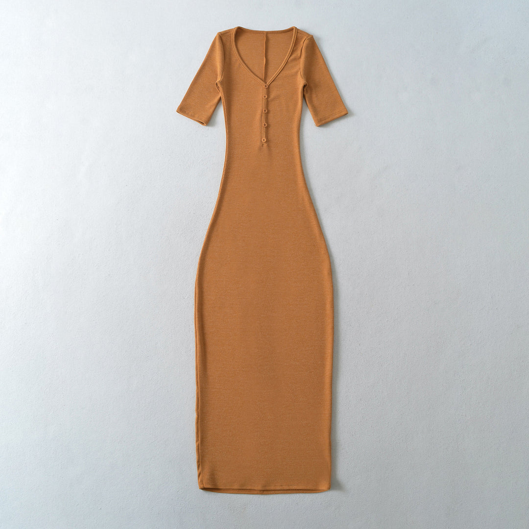 Damen Figurbetontes Midikleid aus Rippstrick mit Knopfleiste und halblangen Ärmeln Drune