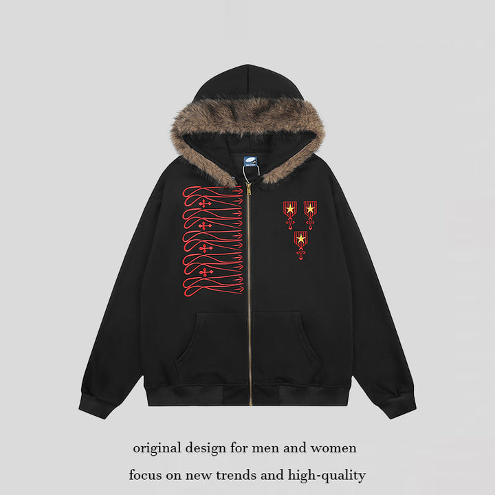 Unisex Kapuzen-Sweatjacke mit kunstfellbesetzter Kapuze, Reißverschluss und gestickten Abzeichen Drune