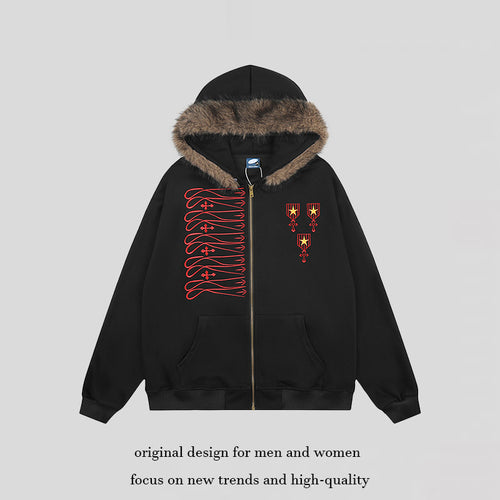 Unisex Kapuzen-Sweatjacke mit kunstfellbesetzter Kapuze, Reißverschluss und gestickten Abzeichen Drune